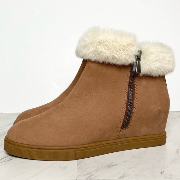 Paolo Flossie Brown Faux Fur Cuff Hidden Wedge Bootie 9 1/2 M - Picture 1 of 14